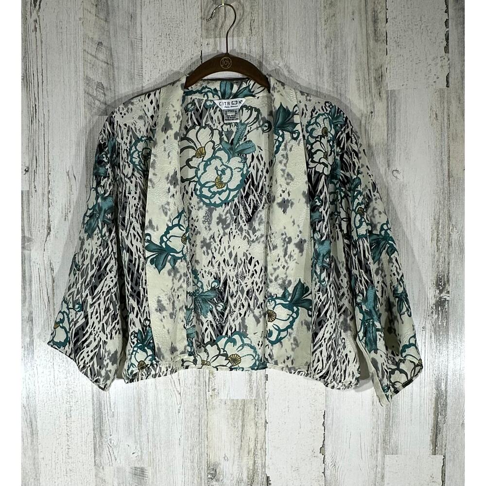 Citron Santa Monica Cropped Open Front‎ Jacket Cardigan Petite XS Silk Floral